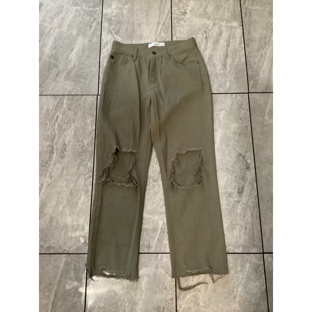 Kancan Olive Green Distressed Ripped Straight Leg Jeans Women Size 25